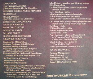 RVC RCA PVP-6005 John Denver Rocky Mountain Christmas Track Listings